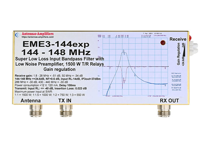 2m Low Noise Preamplifier EME3-144EXP 1500W Gain Regulation