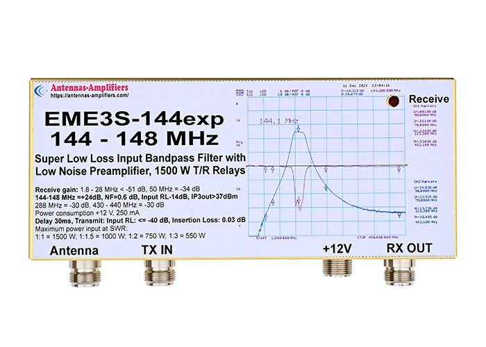 2m Low Noise Preamplifier EME3S-144EXP with SO239 12V Connector