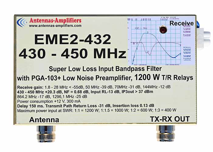 EME2-432 430-450MHz Low Noise Preamplifier with Input Band Pass Filter 1200W Transmit Receive Relays