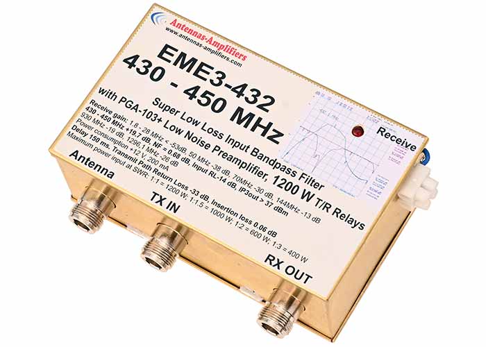 EME3-432 70cm Low Noise Preamplifier Band Pass Filter Transmit Receive Relays 432 MHz Split Receive