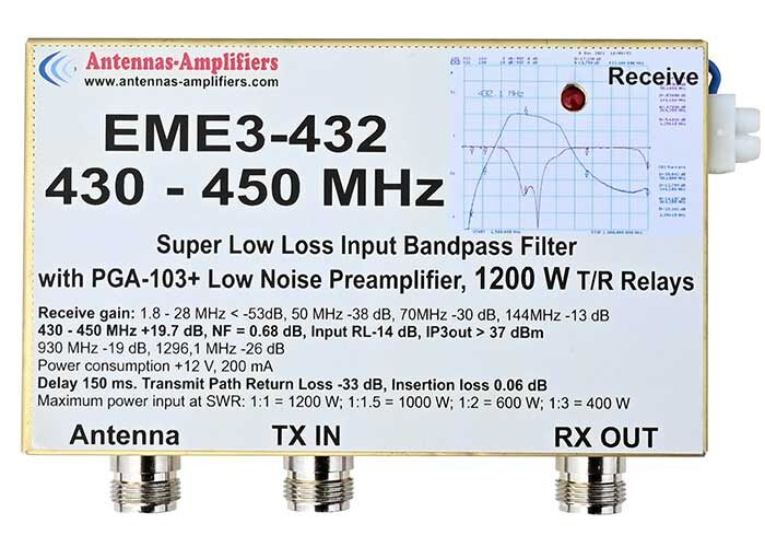EME3-432 70cm Band Pass Filter with PGA103+ SAV-541+ LNA Power 1200W Transmit / Receive Relays Split RX