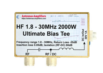 RF bias tee module labeled 'HF 1.8-30MHz 2000W Ultimate Bias Tee' with RF and DC ports and a DC input on the right.
