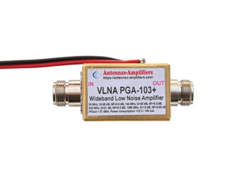 VLNA PGA-103+ wideband low-noise RF amplifier module with input/output SMA connectors and red/black power wires (antenna amp)