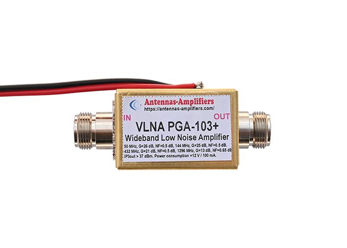 VLNA PGA-103+ wideband low-noise RF amplifier module with input/output SMA connectors and red/black power wires (antenna amp)