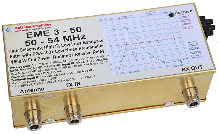 EME3-50-MHz-High-Q-Low-Loss-Bandpass-Filter-Amplifier-50-54MHz-with-PGA-103+Very-Low-Noise-Preamplifier-1500W T/R Relay Made by antennas-amplifiers.com