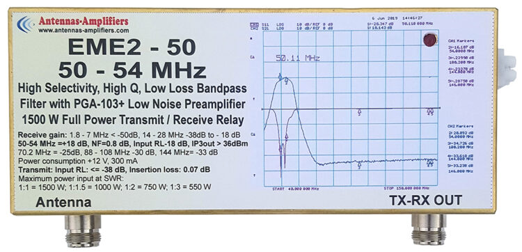 EME2-50N Low Loss 6m Band Pass filter. Low Noise Preamplifier with QRO 1500W T/R Relay